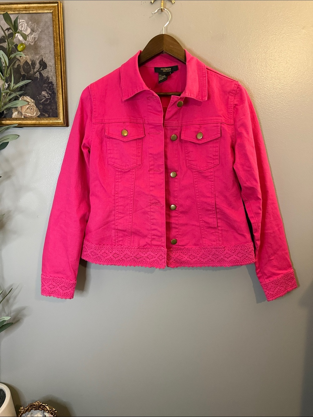 Twiggy’s London Hot Pink Denim Jacket Lace Trim Y2K Boho Size S - Picture 2 of 6